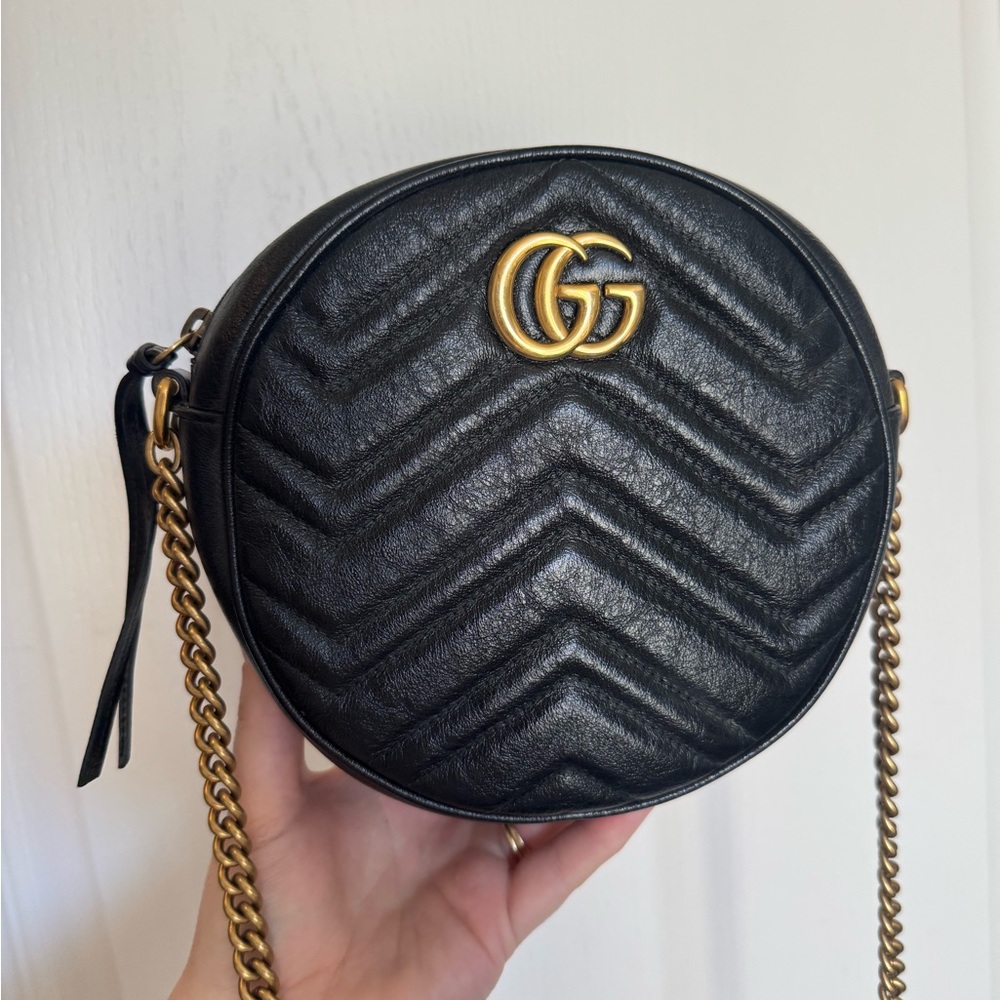 Gucci Black Chevron Quilted Round Leather Crossbody with Gold GG